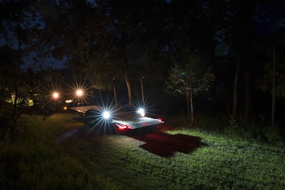 Rigid Industries’ SR-M LED back up light mounted on a Landoll LT1220 tilt-deck equipment trailer.