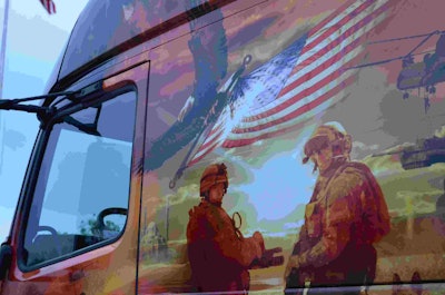 Volvo’s truck features graphics honoring U.S. service members.