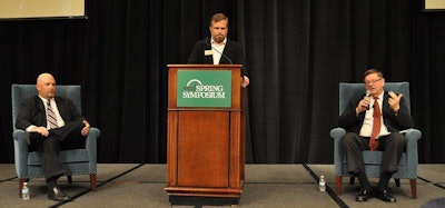 TCA’s David Heller, left, and FMCSA’s Jack Van Steenburg, right, talked a bevy of trucking regulations at CCJ’s Spring Symposium May 19. CCJ Editor Jeff Crissey, center, moderated a question and answer session.