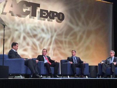 Rush Enterprises CEO Rusty Rush, Drew Cullen, Vice President of fuels & facilities service with Penske Truck Leasing and Mike Reding, Vice President of sales support and international operations with Toyota Motor Sales took part in an executive panel Wednesday at ACT Expo in Dallas.