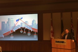 Robert Woodall, Peterbilt’s assistant general manager for sales and marketing, shows how Peterbilt’s adaptive cruise control works.