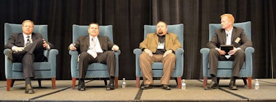 Dennis Dellinger, president of Cargo Transporters, Chris Wright, senior regional safety manager for Saia LTL Freight and Jeff Mercadante, Director of Safety at PITT OHIO, LLC., talk about safety technology equipment (such as in-cab cameras) at CCJ’s Spring Symposium 2015 at Ross Bridge Golf Resort in Birmingham, Ala.