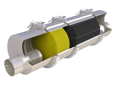 This cutaway shows a DOC (yellow) in front of a DPF in a truck catalytic converter.