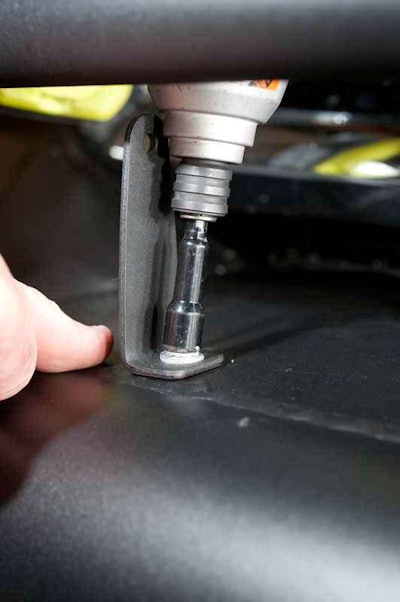 We used 1/4-14x1' zinc-plated hex head self-tappers to bolt the Rigid mounts to the top of the Fab Fours bumper plate.