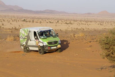 The new Mercedes-Benz Sprinter 4x4 races across the Morrocan desert to win the Rallye Aicha des Gazelles 2014. (Daimler)