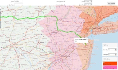 CLICK to ENLARGE: Transport America’s weather alerting system, developed using ALK Maps, sends e-mail alerts to fleet managers when projected truck routes intersect with severe weather events.