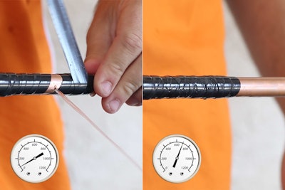 Fast acting Permatex Self-fusing Silicone Tape instantly seals a high-pressure leak (left) and permanently holds to a tensile strength of 700 psi (right).