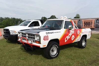 Rod Hall’s ’87 Dodge Ram W150 next to 2015 Ram 3500 Cab Chassis at FCA’s Chelsea Proving Grounds.
