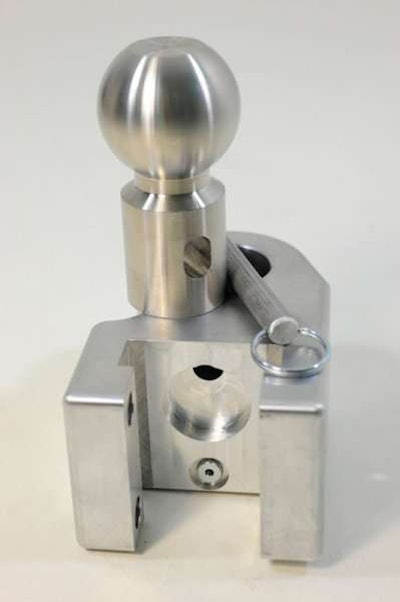 Stainless steel hitch ball is secured with lock pin, which is kept in place by the drop shank itself. Note quality of machine work.