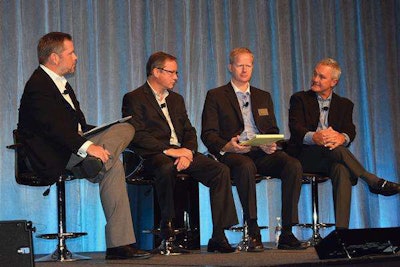 Panelists from left: CCJ Editor Jeff Crissey, Meritor Wabco’s Steve Hampson, CCJ’s Aaron Huff and Zonar’s Chris Hines.