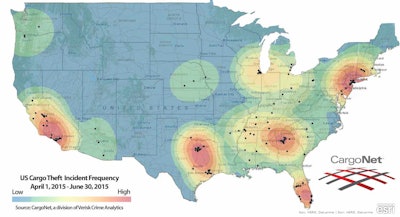 CargoNet’s map of areas with the most cargo thefts in the second quarter.