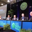 CCJ’s Market Movers was hosted by Donald Broughton of Avondale Partners (far right) and CNBC anchor Morgan Brennan (far left). Panelists included Werner’s Derek Leathers (second from left), David Parker of Covenant and Richard Stocking of Swift.