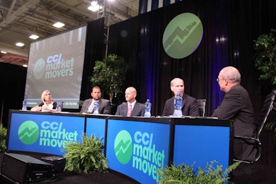 CCJ’s Market Movers was hosted by Donald Broughton of Avondale Partners (far right) and CNBC anchor Morgan Brennan (far left). Panelists included Werner’s Derek Leathers (second from left), David Parker of Covenant and Richard Stocking of Swift.