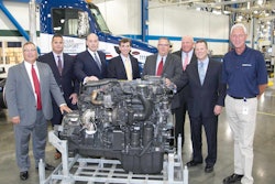 Representatives from AMG Peterbilt of Columbus, Kenan Advantage Group, PACCAR Engines and Peterbilt Motors Company celebrated the production of the 100,000th PACCAR MX-13 engine at the manufacturing facility in Columbus, Miss.