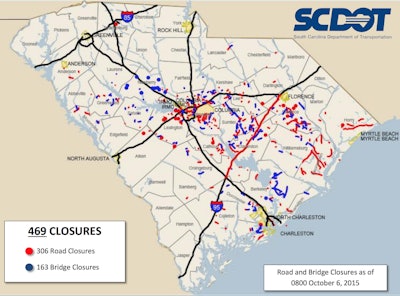 A map of the road and highway closures in South Carolina. Click here to see a full write-up on the latest road closures in the state.