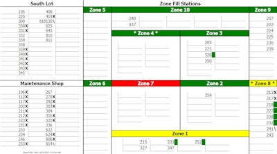 A fuel station tractor map provides a real-time way to track where tractors are parked within the fueling zones and helps direct drivers where to pick up the tractor for their next trip.