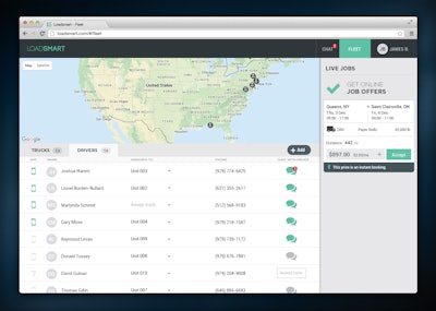 On Loadsmart’s desktop fleet management page, the fleet manager or dispatcher can see the location of all tracked trucks, enter chat rooms with drivers, as well as accept any relevant Live Jobs (on the right).