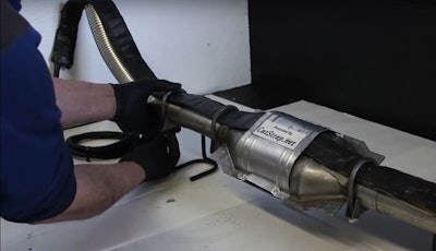 Catalytic converters are more frequently stolen from trucks than any other vehicles. Steps can be taken to prevent it. Pictured above is a catalytic converter alarm system from Cat Strap.