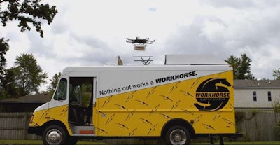 Workhorse’s FAA exemption takes it one step closer to offering the first truck-based delivery drone. The drone, HorseFly, is seen here launching from one of the company’s electric delivery trucks.