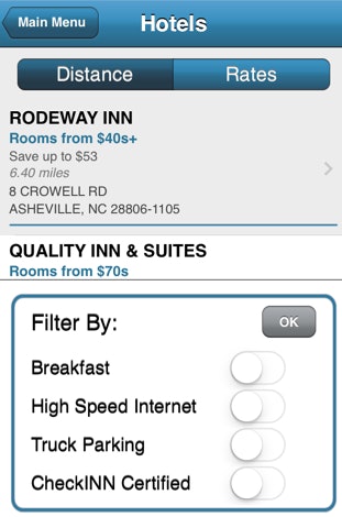 Drivers can filter their searches for truck parking, among other conveniences.