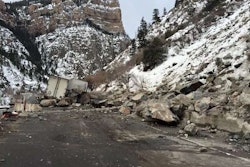A tractor-trailer got caught in a rockslide Monday, Feb. 15 along I-70 in Glenwood Canyon in Colorado. Photo courtesy of the Colorado DOT.