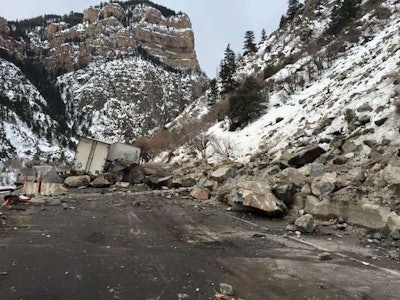 A tractor-trailer got caught in a rockslide Monday, Feb. 15 along I-70 in Glenwood Canyon in Colorado. Photo courtesy of the Colorado DOT.