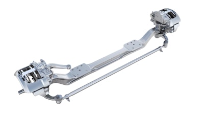 Meritor’s new MFS+ front-steer axle offers 85-pound weight savings, high-angle turning capacity and GAWR between 12,000 and 13,200 pounds.