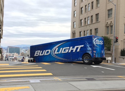 As Super Bowl 50 gears up this week in San Fransisco, a Bud Light truck en route to help fuel the party got stuck on top of one of the city’s notoriously steep roads.