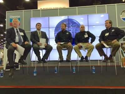 PC-11 panelists, from left, editors David Cullen and Jason Cannon, Chevron’s Shawn Whitacre and Len Badal, and Ozark Motor Lines’ Glen McDonald.