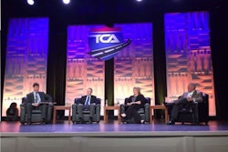 Discussing supply chain issues at the TCA’s annual meeting are, from left, moderator Todd Amen of ATBS, Paul Newbourne of Armada Supply Chain Solutions, Amy Mielke of Owens Corning and Ken Braunbach of Walmart.