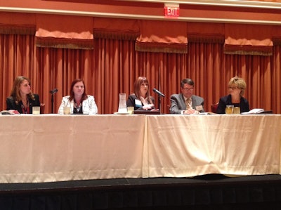 Panelists discussed strategies to attract and retain women drivers. From left: Lisa Pate, U.S. Xpress; Amber Edmondson, Trailiner;Brooke Mosley, Prime Inc.; Tim Hindes, Stay Metrics; Sherri Garner Brumbaugh, Garner Trucking.