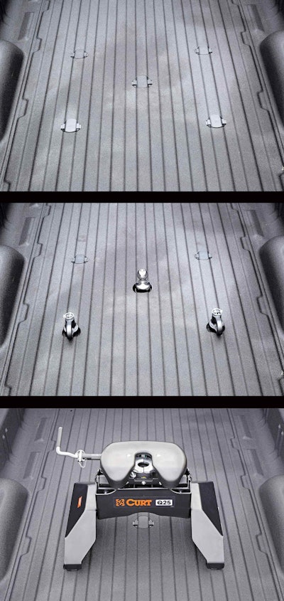 The 2016 model Silverado HD trucks are available with a factory-installed, fully-integrated fifth-wheel prep package. It features a frame-mounted hitch platform and tray, concealed under the truck bed. With a fifth-wheel or gooseneck hitch installed, the tray takes full advantage of the fully-boxed, high-strength steel frame. With the hitch removed, the frame is completely concealed, with caps over the bed openings, preserving the flat bed floor for unencumbered cargo carrying.