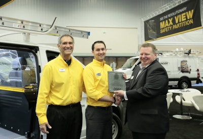 Ranger Designs won NTEA’s Innovation Award for its Max View Partition. Left to right: Steve Milizia, regional sales manager; Jay Crowie, product manager; Steve Carey, executive director, NTEA.