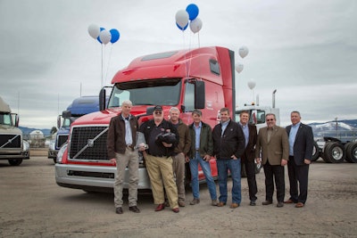 Volvo Trucks North America delivered the 100,000th truck equipped with its I-Shift automated manual transmission to Watkins & Shepard Trucking. The truck was presented to Watkins & Shepard President Walt Ainsworth during a brief reception From left to right: Walt Ainsworth, Rick Candler, Kelly Darlington, Dwayne Hill and Rich Schenk of Watkins & Shepard; Brad Bealer of Transport Equipment; Jeff Denny and Bruce Kurtt of Volvo Trucks.