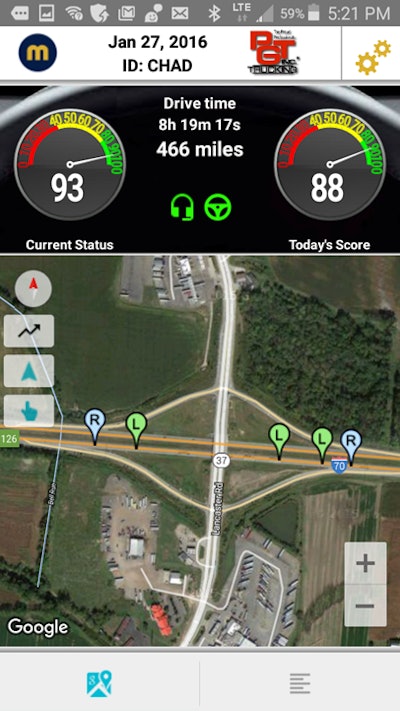 The Maven Co-Pilot driver app shows safe driving scores using data collected from the headset.