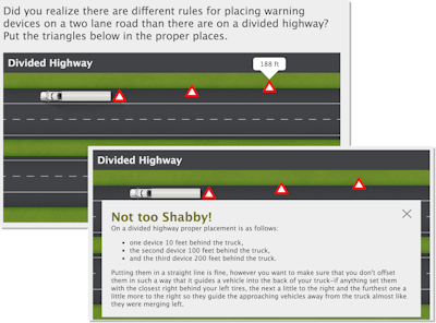 In this example of Luma’s interactive driver training modules, drivers drag and drop the warning markers to the proper placement behind the truck.