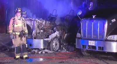 Investigators have requested surveillance video from Mid Con Carriers in Oklahoma City where a truck fire took place early this morning. (Photo from news9.com)