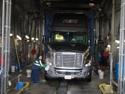 Pride Transport’s hand-wash truck bay serves as a trucking image campaign and driver recruiting tool.