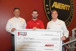 Averitt Express driver Brad Rogers (center) shows off his $5,000 prize that he won as part of the company’s Cash In 2016 referral program. Also pictured are (left) Danny Crooks, Averitt’s vice president of corporate transportation; and Bryan Shirley, Rogers’ fleet manager.