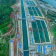 Aerial view of the new Agua Clara Locks on the Atlantic side of the Panama Canal. The new three-step lock system runs parallel to the existing Gatun Locks built in 1914.