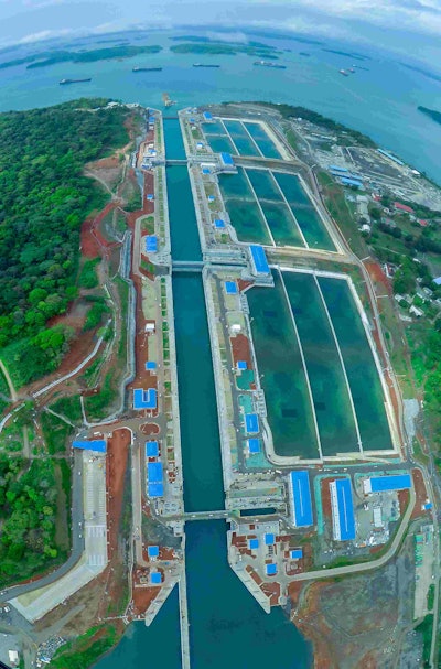 Aerial view of the new Agua Clara Locks on the Atlantic side of the Panama Canal. The new three-step lock system runs parallel to the existing Gatun Locks built in 1914.