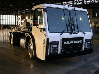 A Mack LR retrofitted with a Wrightspeed Route electric powertrain.