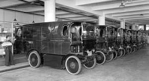 UPS’ 1936 electric package vehicles stand at the ready.