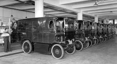 UPS’ 1936 electric package vehicles stand at the ready.