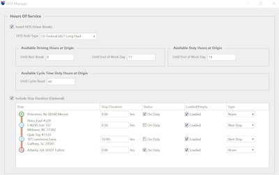 ALK has the HOS Manager in its PC Miler 29 routing, mapping and mileage software. The feature recommends stops for driver breaks.