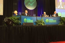Panelists at CCJ Market Movers, held Aug. 25, included (from right) Donald Broughton, economist from Avondale Partners; David Parker, president of Covenant Transportation Group; and Alain Bedard, chairman and CEO of Transforce. The panel was moderated by CNBC anchor Morgan Brennan (left).