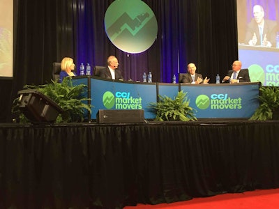 Panelists at CCJ Market Movers, held Aug. 25, included (from right) Donald Broughton, economist from Avondale Partners; David Parker, president of Covenant Transportation Group; and Alain Bedard, chairman and CEO of Transforce. The panel was moderated by CNBC anchor Morgan Brennan (left).