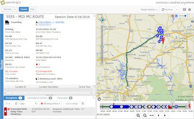 The Roadnet routing software from Omnitracs identifies a possible service failure due to a driver running out of hours.