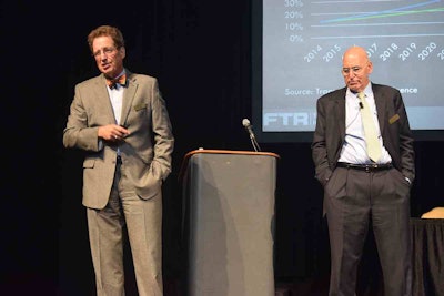 Noël Perry, left, and Larry Gross, right, speaking during a session at last week’s FTR Conference.