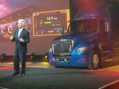 Denny Mooney, Navistar senior vice president of global product development, introduces the International LT Series in Las Vegas Friday.